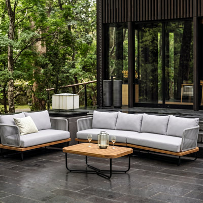 Louie Outdoor 6-Person Acacia Wood Conversation Set With Rope Woven & Slat Tabletop