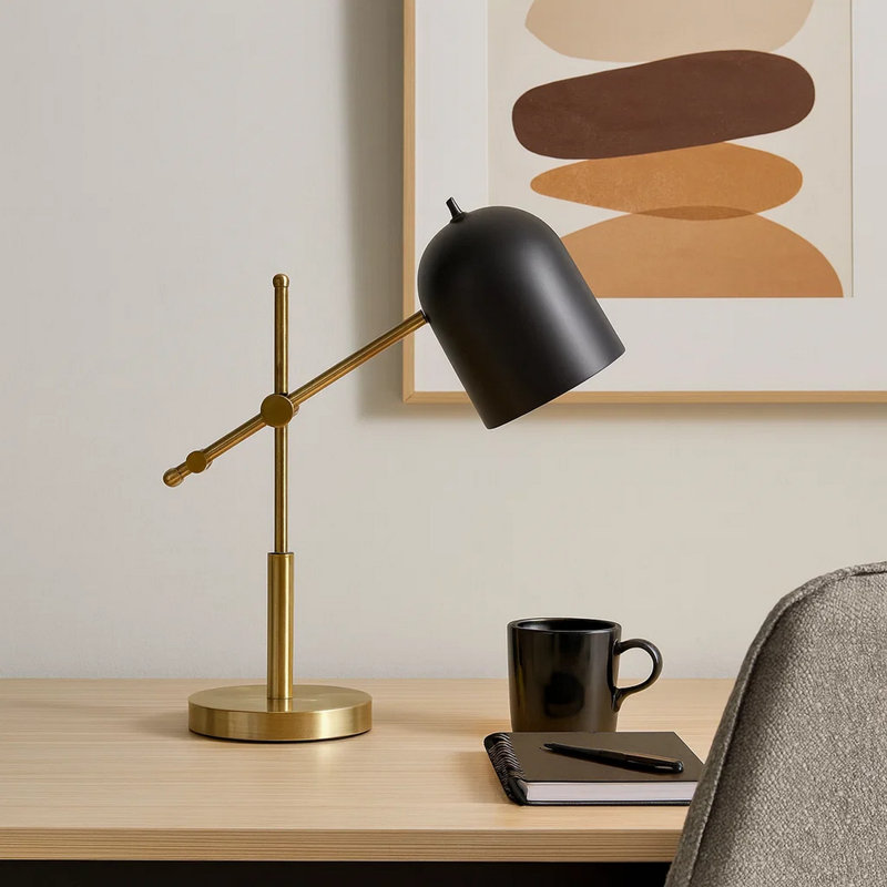 Lampe de table, bras fixe en laiton, 19 po, cadre en métal doré, noir