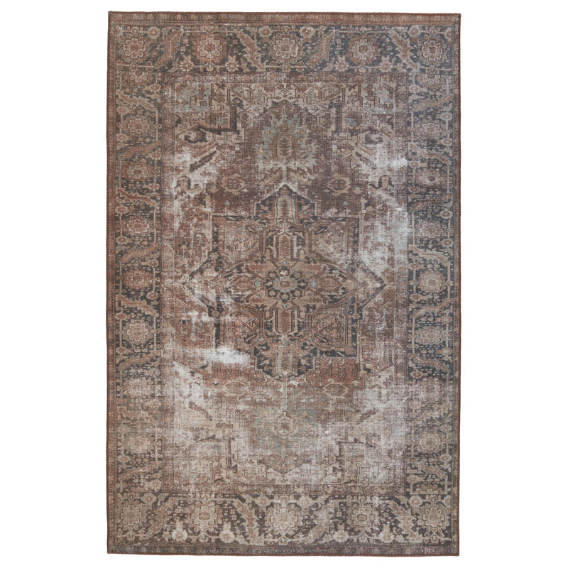 Vintage Blue and Brown Medallion Synthetic Washable Area Rug 5' x 7'