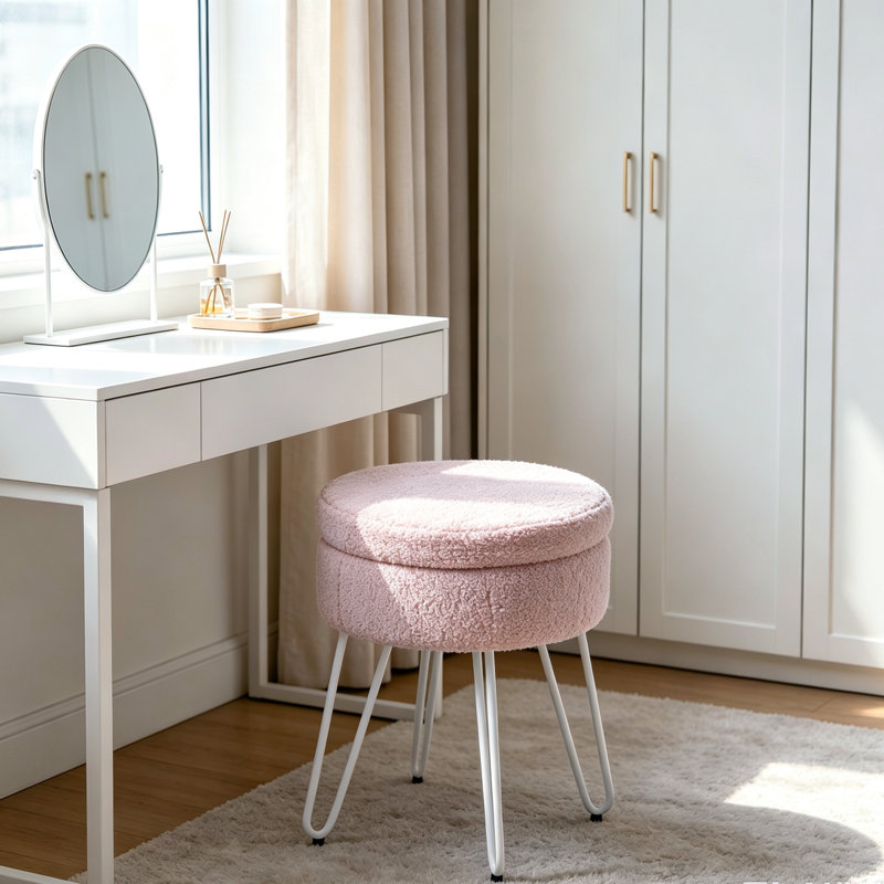 Teddy Fleece Upholstered Storage Vanity Stool, Pink
