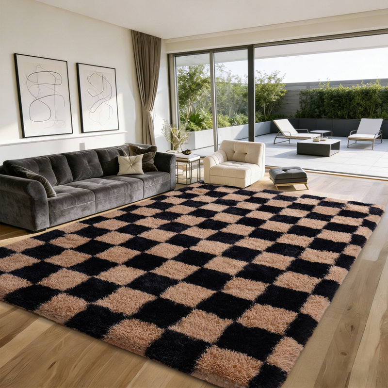 Checkered Fluffy Rug 6x9 Ft Washable Shaggy Fluffy Rug for Bedroom Living Room Plaid Runner Rug Fuzzy Shag Carpet Non-Slip for Kids Toddler Room Nursery Playroom