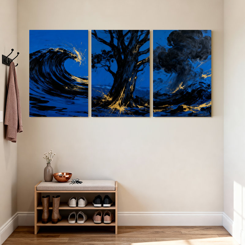 Abstrait, vague, arbre, tempête, océan, nuit, réflexion, ensemble de 3 impressions sur toile, H 18 po x l 36 po