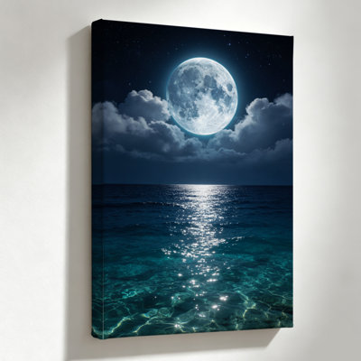 Full moon over ocean Framed Canvas Wall Art, Oil Painting Print, 24 x 36 Inch, Bedroom, Living Room and Home Decor