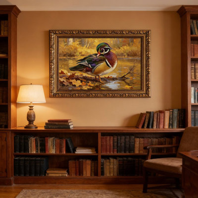 Cadre mural vintage orné d'un canard en bois coloré – Cadre doré décoratif pour œuvres d'art.