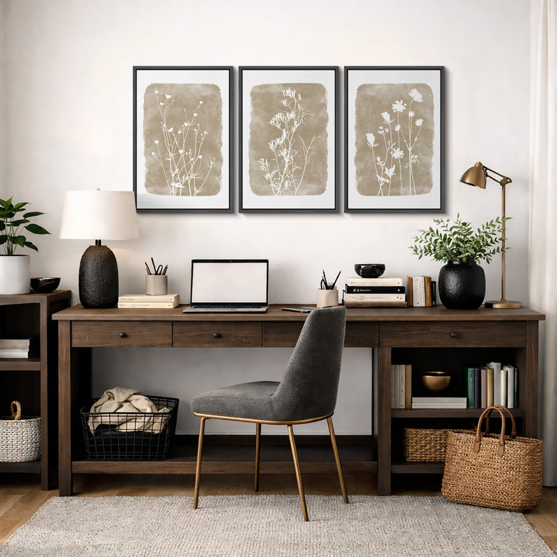 Minimal Botanical "Neutral Beige Rustic Botanical Floral Artwork, Vintage Simple Wildflower Living Room Pictures, Framed Canvas Giclee Print 3 Pieces Wall Art" 16"x24"x3 pcs, 24"x36"x3 pcs