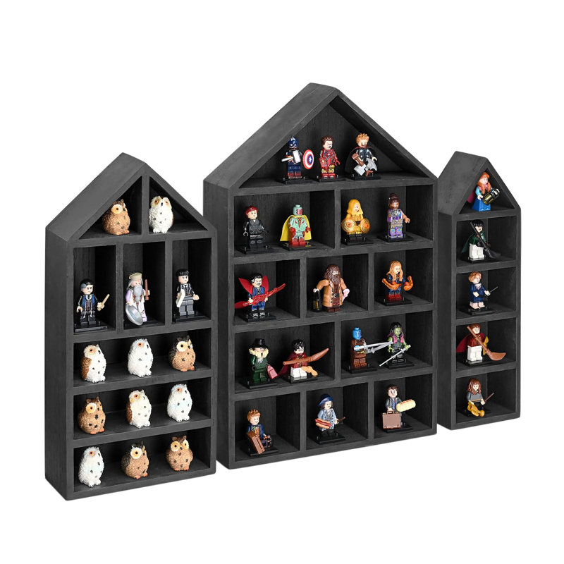 House-Shaped Wooden Shadow Cubby Box Display Shelf Organizer Storage Shadow Box For Mini Figures, Set Of 3, 10 W X 2 1/4 D X 15 H In, Black Colour