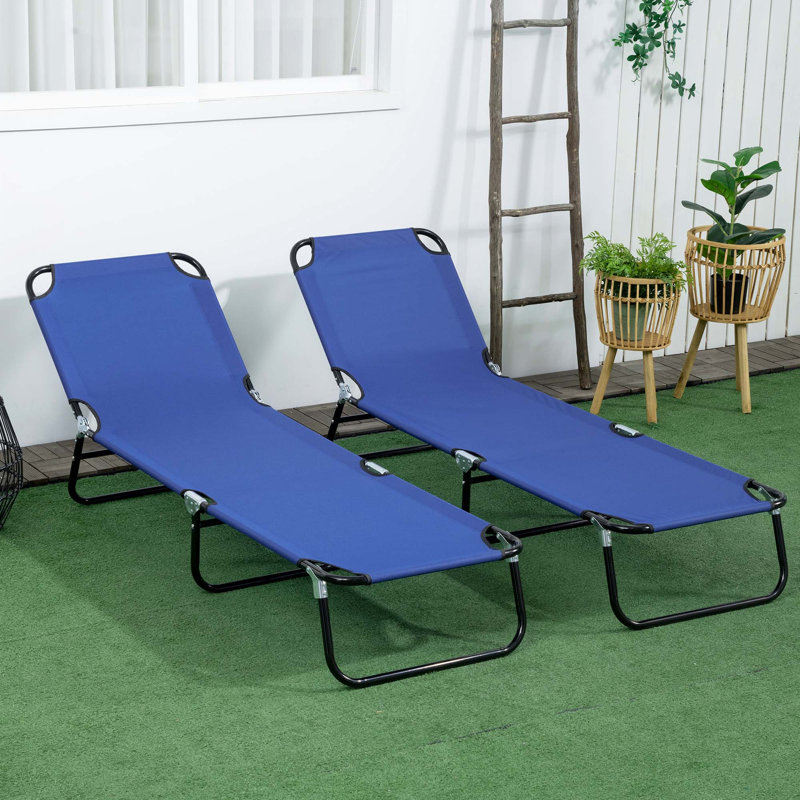 Outsunny 2 Piece Folding Chaise Lounge Pool Chairs, Outdoor Sun Tanning Chairs With 5-Level Reclining Back, Blue, 2