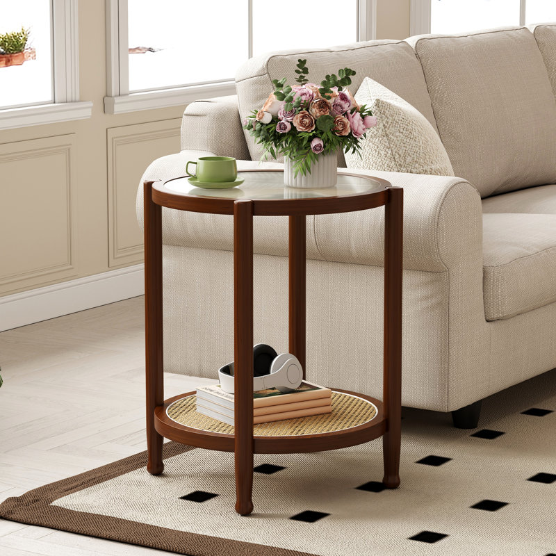 Bay Isle Home Round Rattan Coffee Table with Glass Top, Walnut, 17.7"H x 31.5"W x 31.5" D