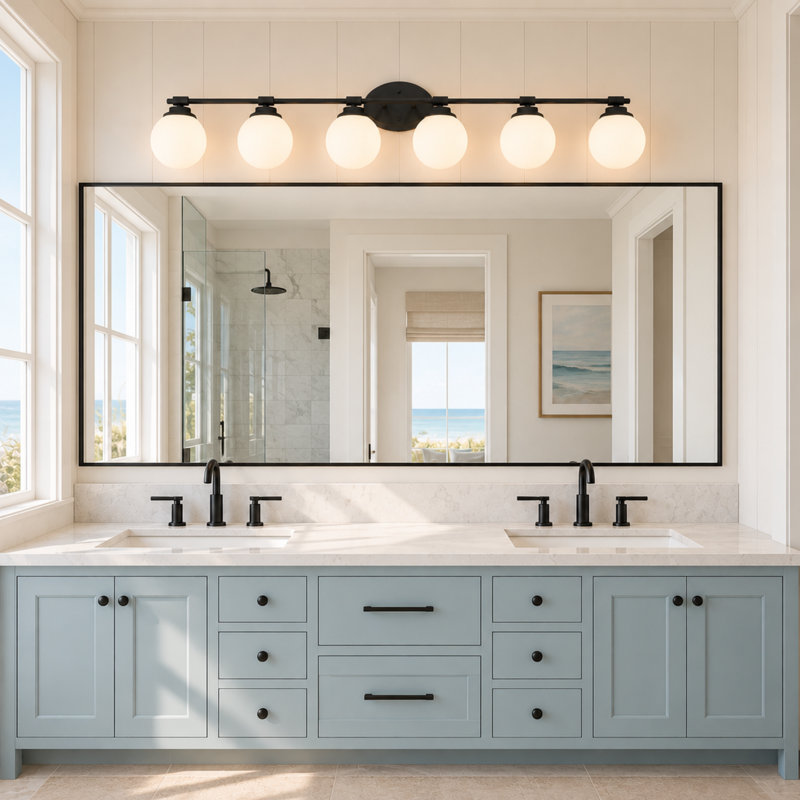 Modern 6-light Matte black vanity light, Opal White Glass