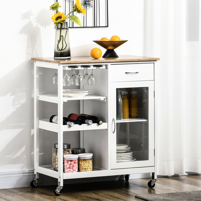 Îlot de cuisine roulant blanc, support à 4 bouteilles, porte-verres à pied, armoire à tiroirs et pratique