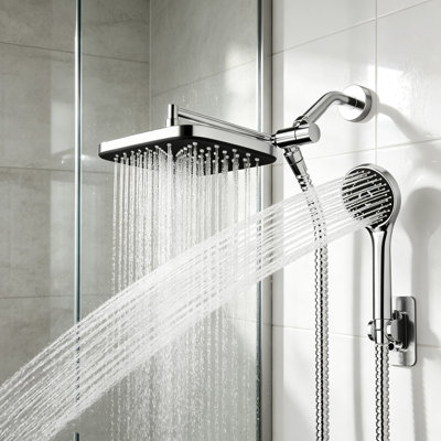 Ensemble de douche double haute pression, pommeau de douche effet pluie à 5 jets avec douchette à main, bras d'extension en métal de 28 cm