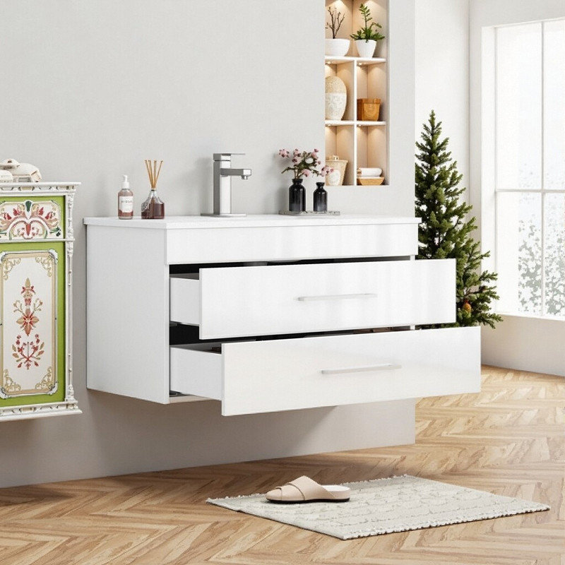 Meuble-lavabo mural de 36 pouces avec tiroirs doubles, système de fermeture en douceur, lavabo en céramique intégré et poignée en métal