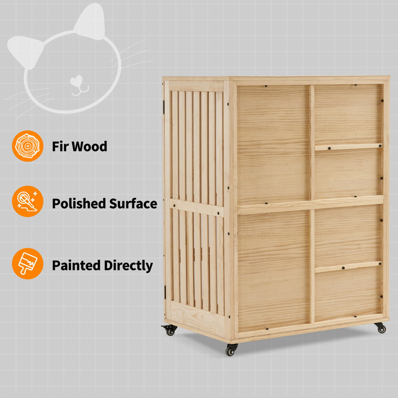 48" Natural Fir Wood Cat Condo with Scratching Post and Wheels
