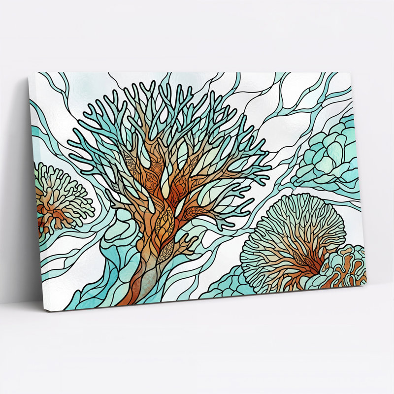 Art mural sur toile en forme de récif de corail bleu sarcelle et orange, H 28 po x l 40 po