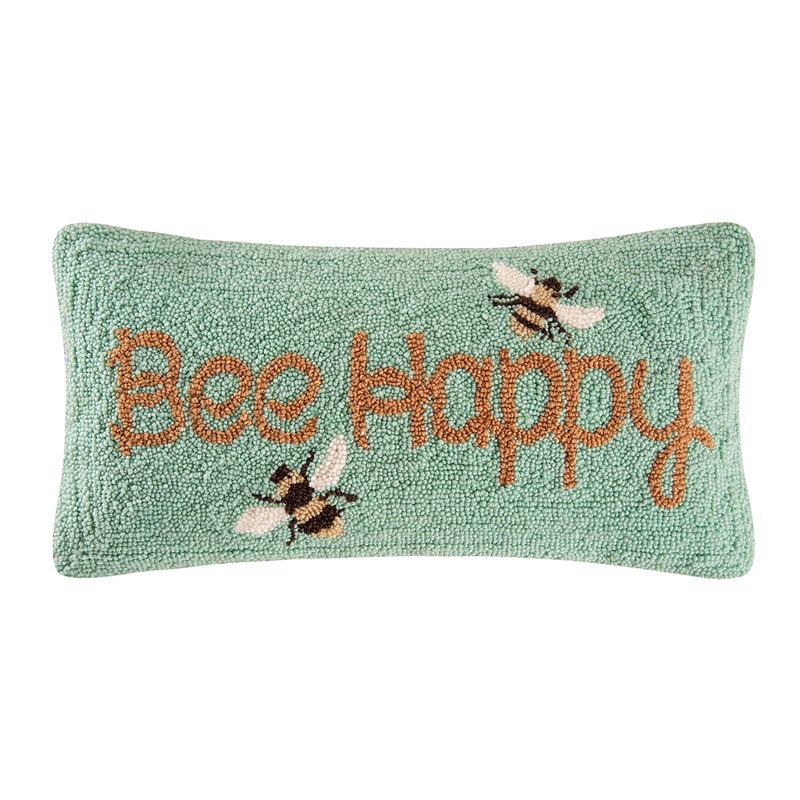 Bee Happy Green Embroidered Rectangular Throw Pillow