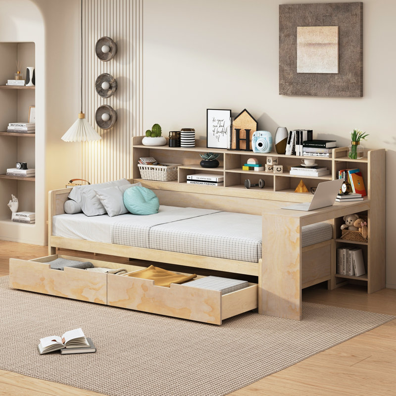Wooden Twin Size Daybed with Storage Shelves, Multi-functional Bed with Two Storage Compartments and Study Desk, Brown