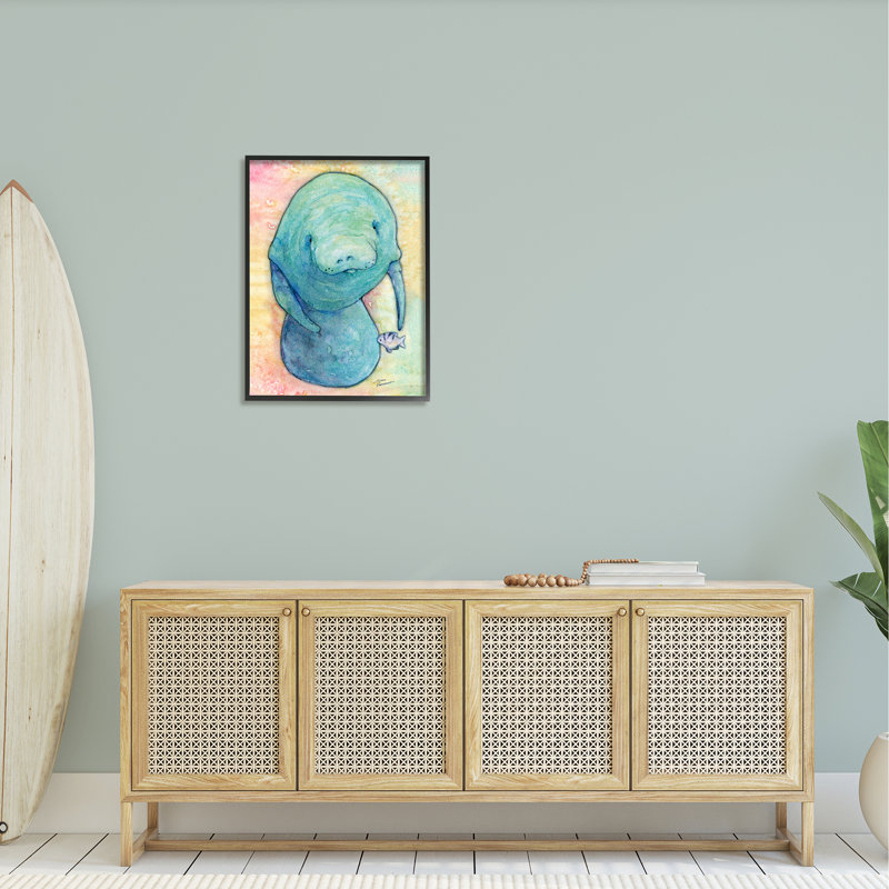 Lamantin aquatique parmi les poissons, H 30 po x l 24 po x P 1,5 po, Giclée encadrée noir minuit