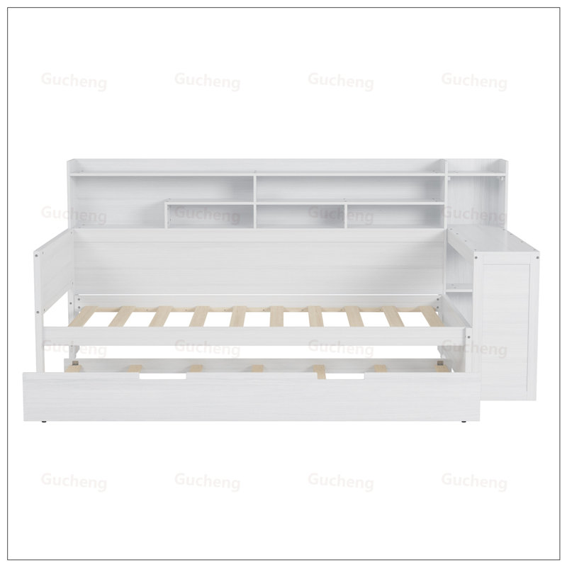 Lit de jour multifonctionnel à tablettes avec lit gigogne et bureau pour une vie compacte et une productivité accrue, Blanc