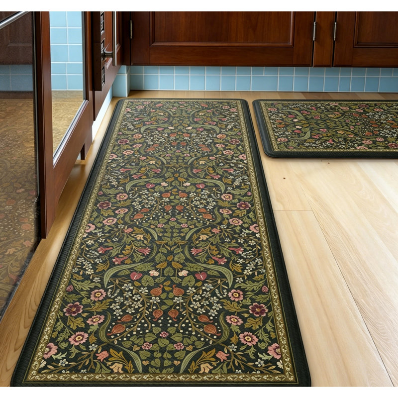 Tapis de cuisine pour cuisine, paquet de 2, floral rétro antidérapant, Vert