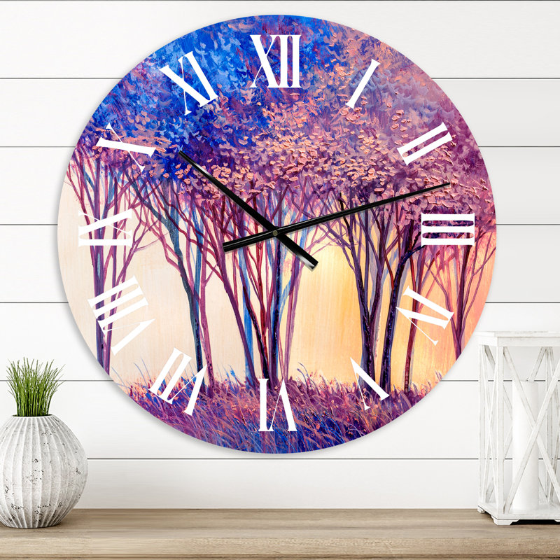 Arbres colorés, paysage de forêt abstrait - horloge murale moderne, Moyenne