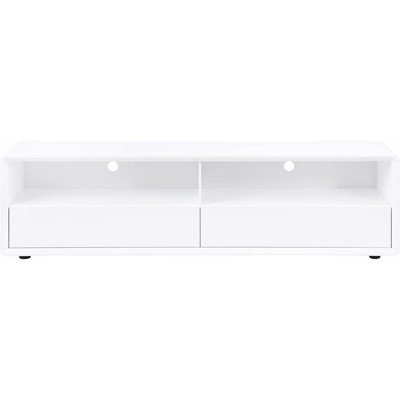 Meuble télé à 2 tiroirs blanc ultrabrillant, supportant les téléviseurs de 70 à 79 pouces, garde l'espace organisé, lustre de style contemporain, tiroirs pour accessoires multimédias, bois franc d'ingénierie idéal, construction, profil bas