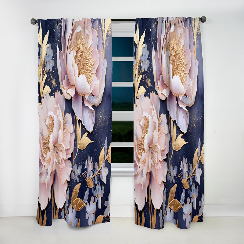 Pivoines roses sur fond bleu - rideau occultant floral - 1 panneau, L 52 po x L 63 po