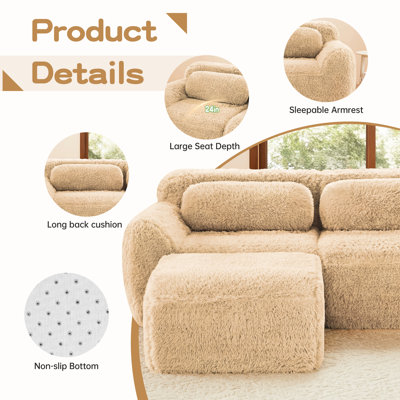 Canapé modulaire à 3 places en kaki, conception en forme de U sans os, éponge haute densité 32d, combinaison de glissement, assise profonde, tissu, sans assemblage pour le cinéma maison et la chambre à coucher, fond en éponge, salon