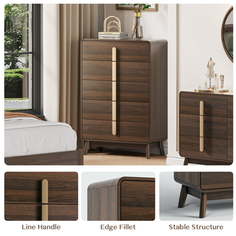 Mid Century Modern 5 Drawer Dresser, Black Walnut