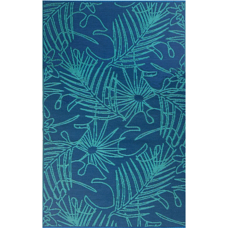 Palm Outdoor Mat, Deep Turquoise, Reversible Mat For Patio, Porch, Deck, Floor Mat, Rectangle 4' x 6'