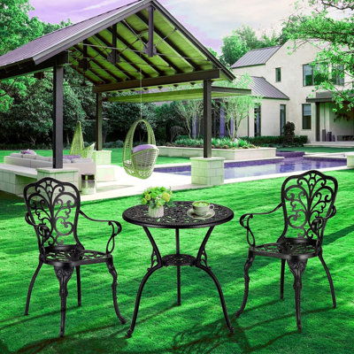 3 Piece Bistro Set, Outdoor Rust-Resistant Cast Aluminum Bistro Table and Chairs Set of 2, All Weather Patio Bistro Set with Umbrella Hole for Backyar