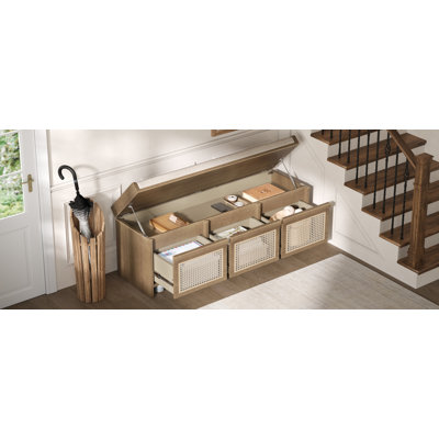 Banc à chaussures d'entrée de 122 cm avec tiroirs en rotin et coussin capitonné, naturel