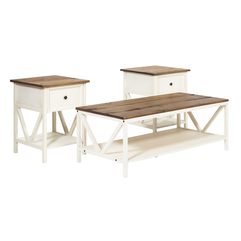 Ensemble de 3 tables basses, Bois de grange récupéré, Blanc