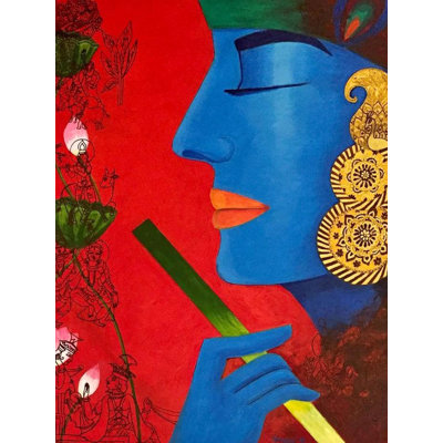«Krishna with Kamdhenu Cow», peinture acrylique sur toile et encre par Kangana Vohra