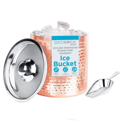Insulated Ice Bucket with Lid and Scoop, 2.8L/3Qt Hammered 18/8 Stainless Steel Ice Bucket for Parties, Home Bar, and Cocktails, No-Sweat Holders for Indoor Outdoor Use, Copper