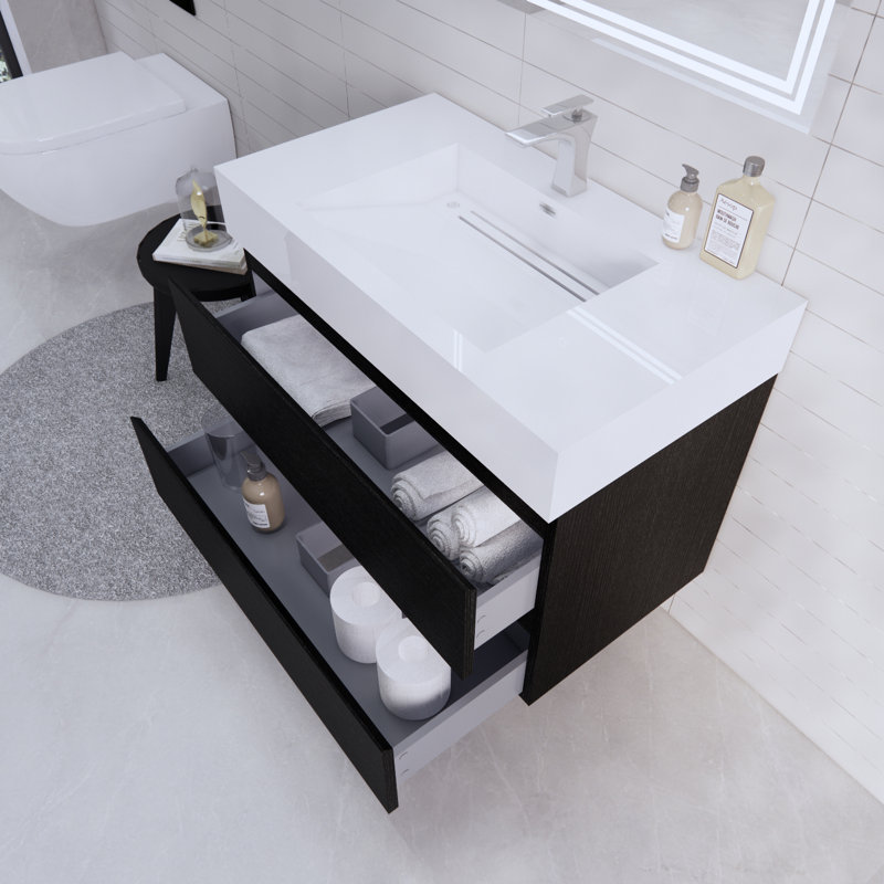 Ensemble de meuble-lavabo mural simple 35 po Babajide, Chêne noir riche