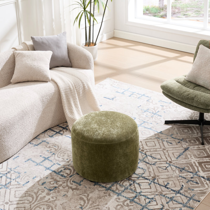 Anease 22.6" Modern Round Upholstered Pouf Ottoman, Green Chenille