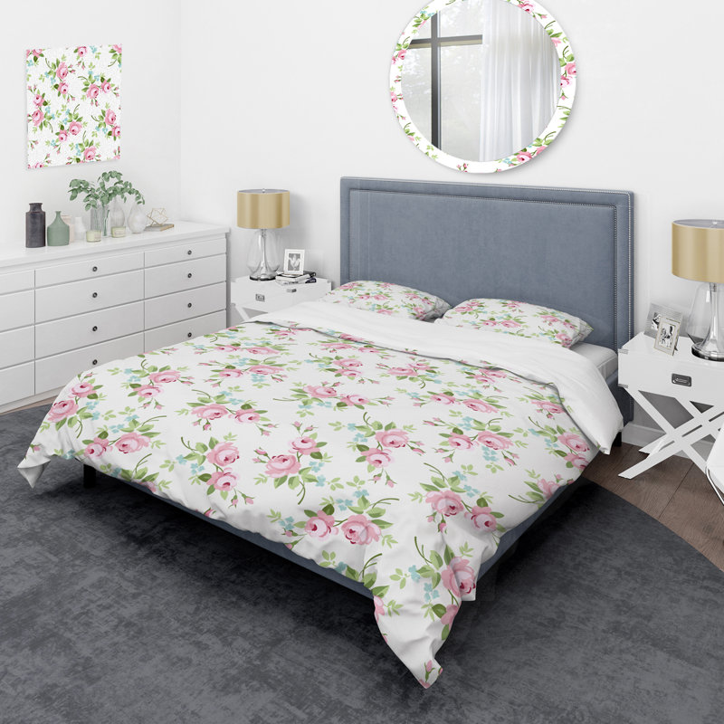 Fleurs roses et feuille verte - ensemble de housse de couette floral - microfibre de polyester