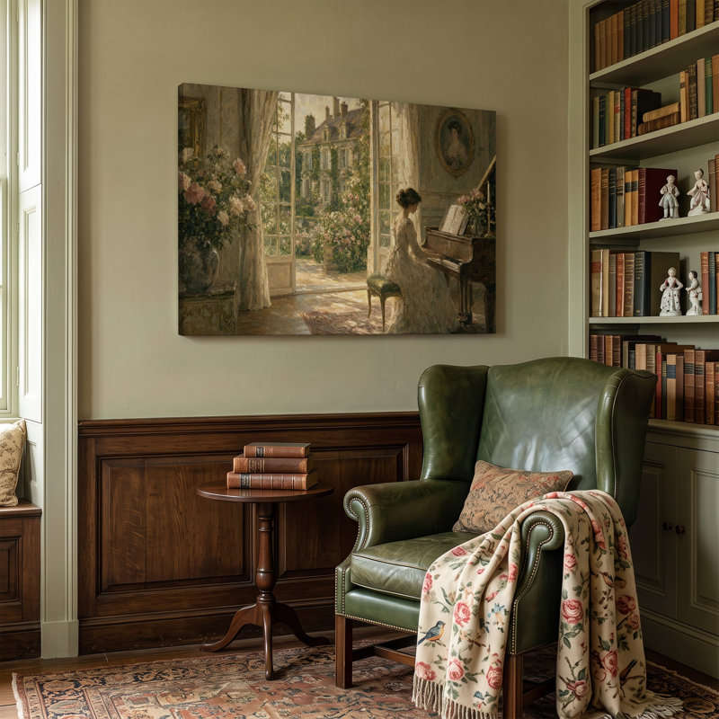 Reproduction sur toile d'une peinture représentant une femme jouant du piano droit - 51 x 76 cm, H 20 po x l 30 po