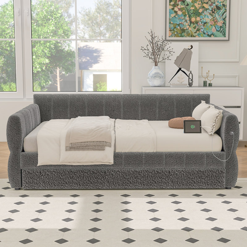 Upholstered Daybed With Usb And Trundle, Gray
