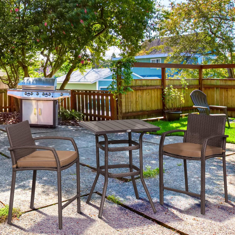 Ensemble de bar d'extérieur en osier avec fabrication robuste et tabourets confortables, Brun, Brun