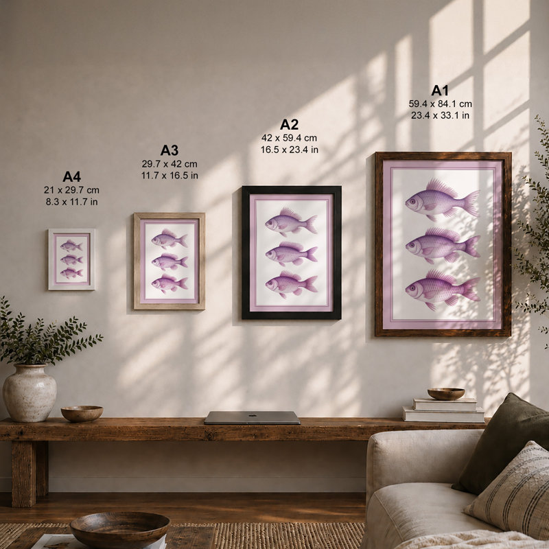 Three Purple Fish Japandi - Print, Unframed, A2 - 59.4 x 42.0 cm