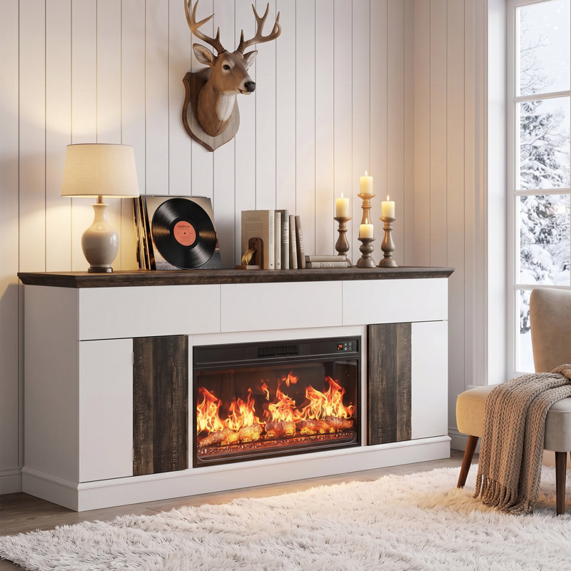 Meuble télé Farmhouse pour téléviseur de 80 po ou moins avec foyer électrique de 36 po inclus, console média en bois avec armoires et tiroirs de rangement
