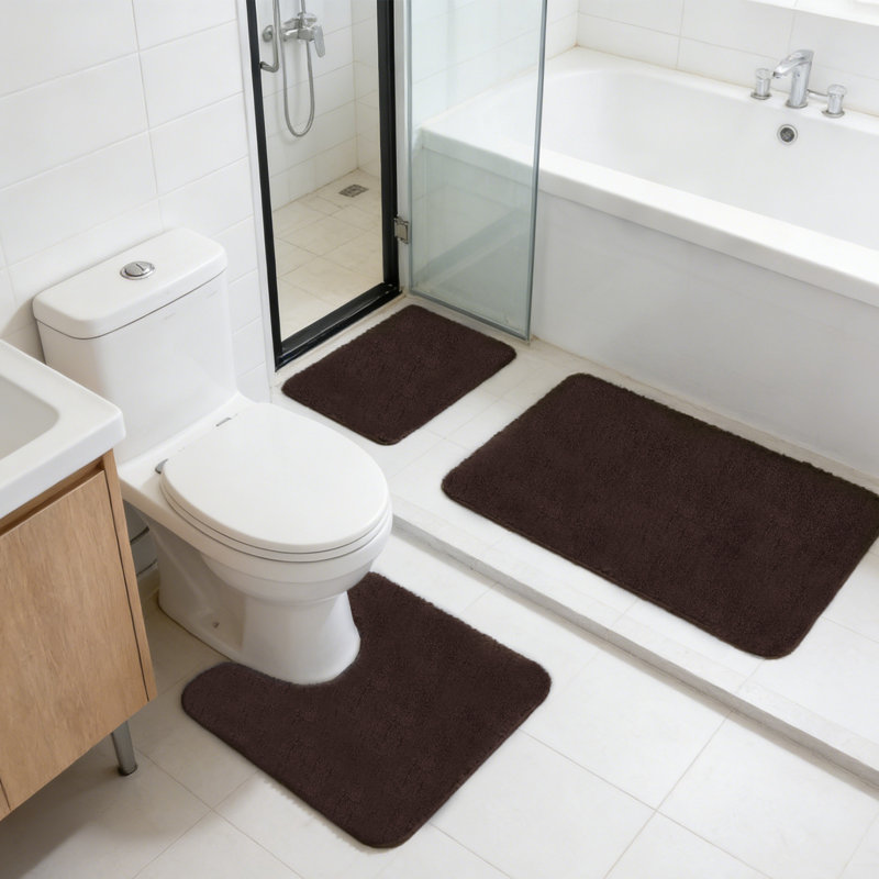 Ensemble de tapis de salle de bain en microfibre absorbante 3 pièces, tapis de douche antidérapant et tapis de toilette contour, café