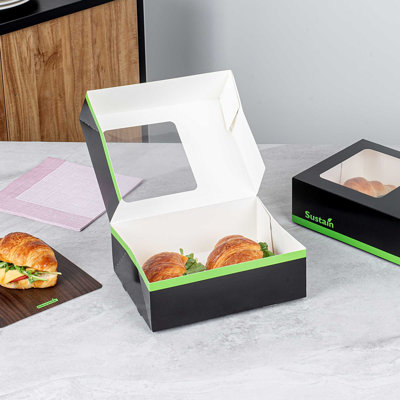 Restaurantware Bakery Boxes 25 Pack of 9 x 7 x 3 Inches Paper Window Pop Up Boxes Black Paperboard Greaseproof Food Packaging Take Out for Party Favours and Treats