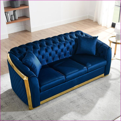 Sofas Chesterfield Velvet Tufted 3-Seat Sofa, 84 Inch Slate Gray Gold Stainless for Living Room | Slate Gray | Wood + Stainless Steel