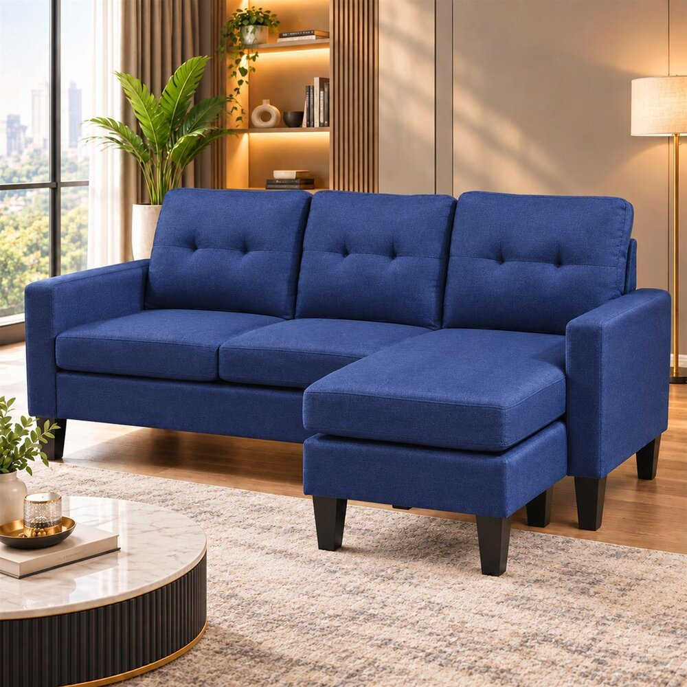 Kosy Koala Unisex Blue Corner Sofa Fabric Sectional Sofa W/ Ottoman L-Shaped Sofa Couch Reversible 3-Seater - Image 6
