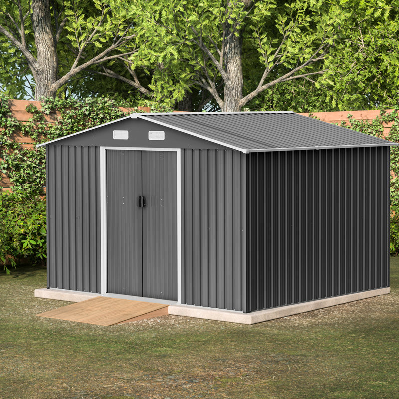 Outdoor Metal Building, Lockable, Grey Colouring Foundation Shed For Garden Use, 77.74" H x 118.16" W x 96.38" D