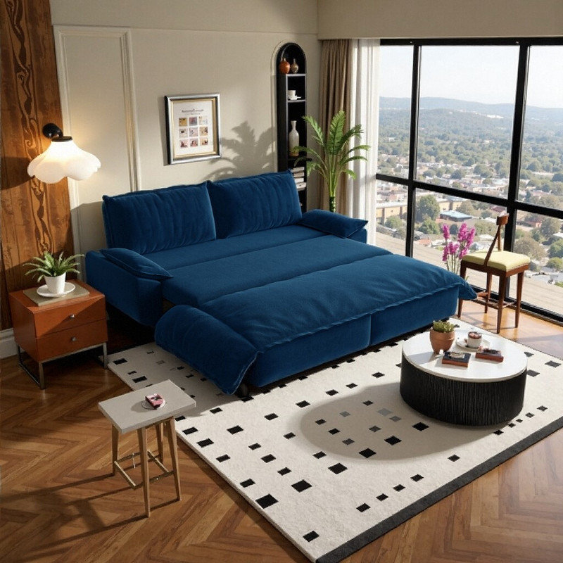 3-in-1 Convertible Sleeper Sofa Bed with Corduroy Upholstery​ 73.2" Queen Pull Out Sofa Bed Loveseat, Blue