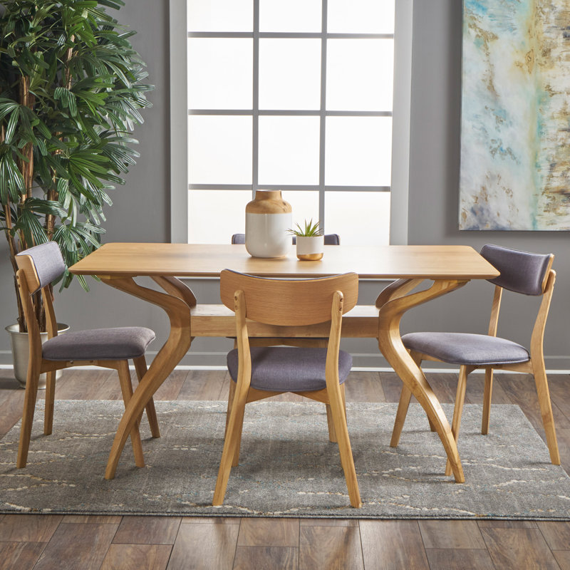 Ensemble de salle à manger à tréteaux en bois pour 4 personnes 59 "avec chaises rembourrées Bryona, Gris foncé, Chêne naturel