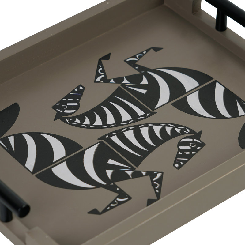 Rustic Wood Zebra Ottoman/Coffee Table Tray With Two Metal Handles